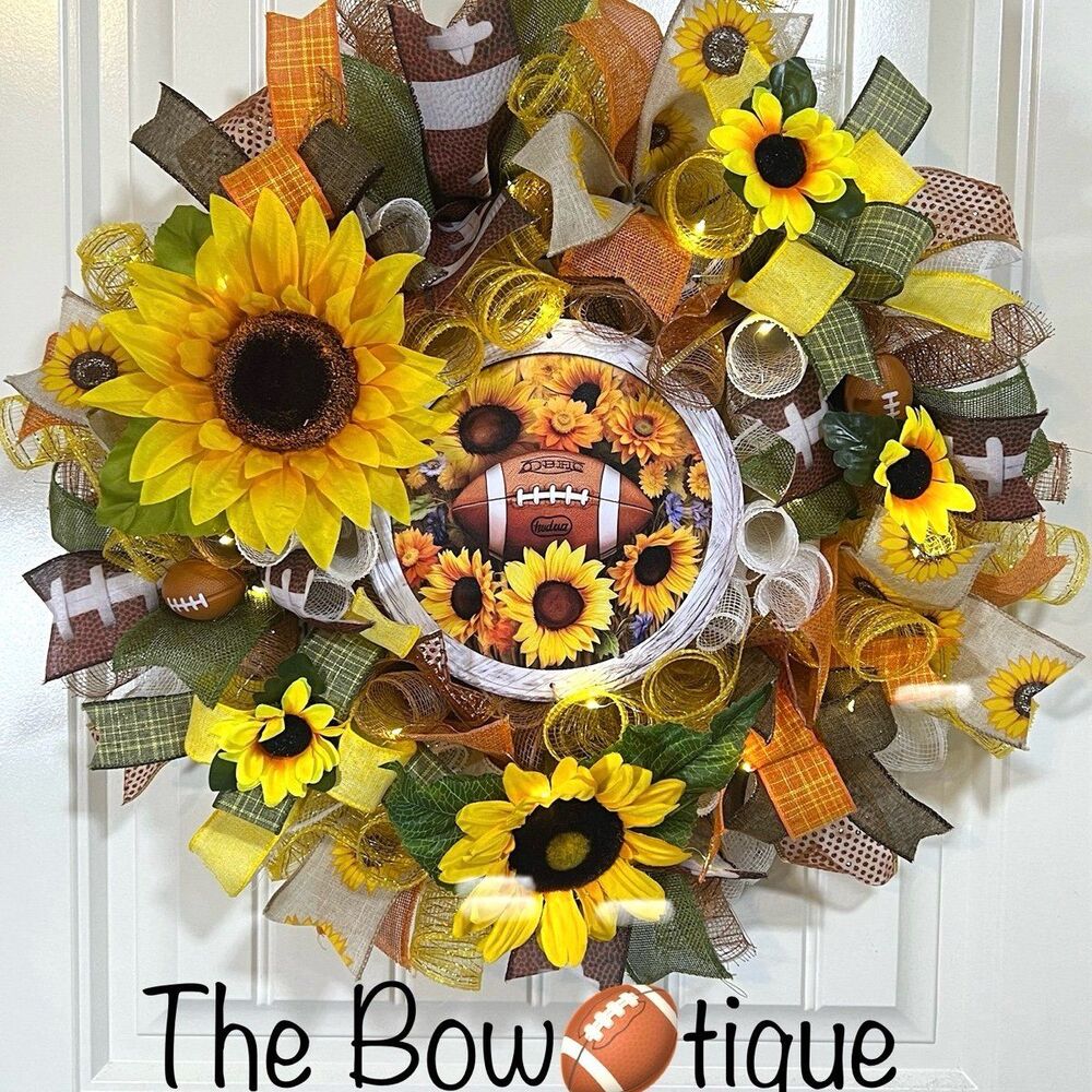 Handmade Football & Sunflower Ribbon Welcome Door Wreath Leaf 22 in LED Fall W3